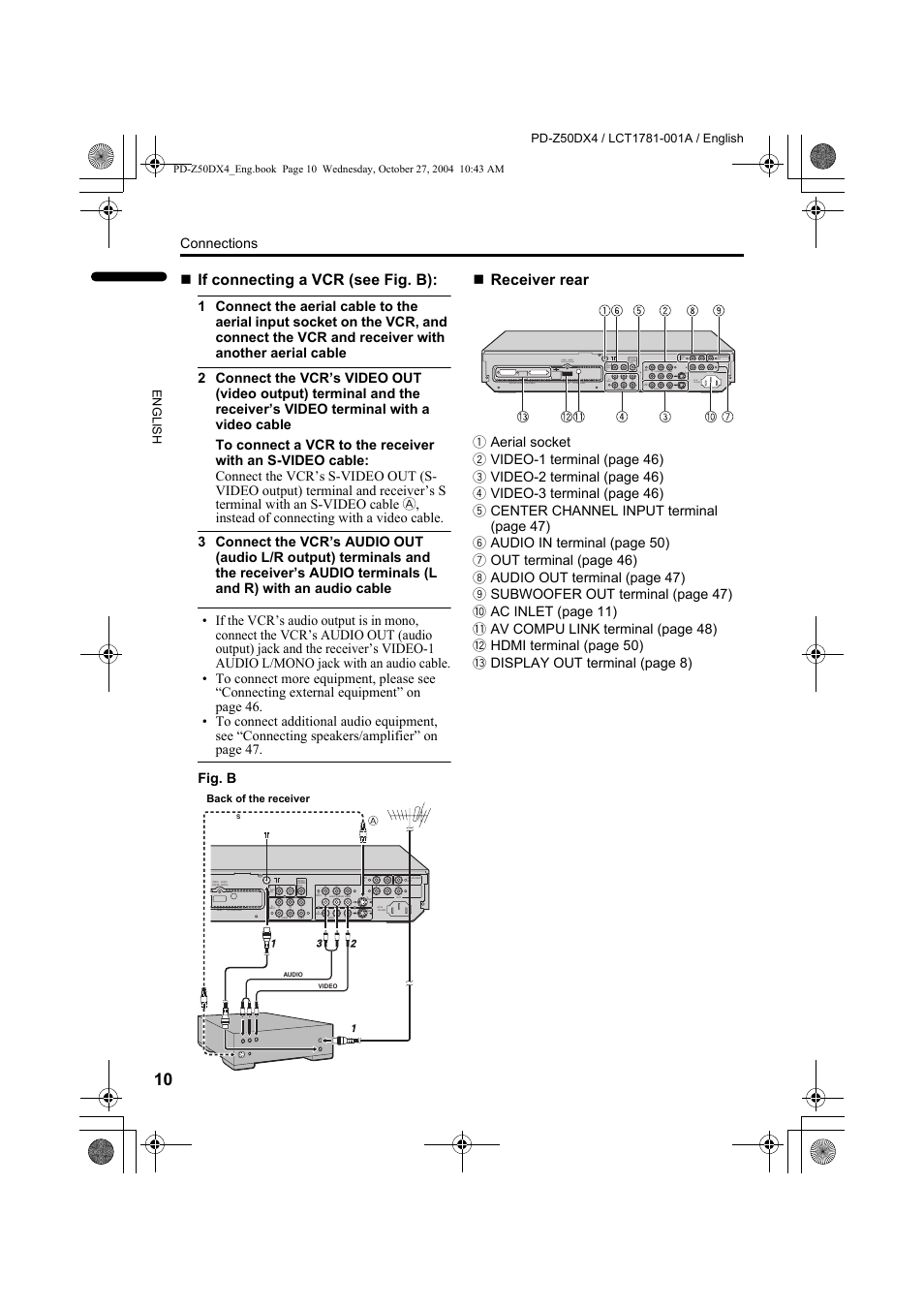 If connecting a vcr (see fig. b), Receiver rear, Connections | Fig. b | JVC 1104MKH-CR-VP User Manual | Page 12 / 60
