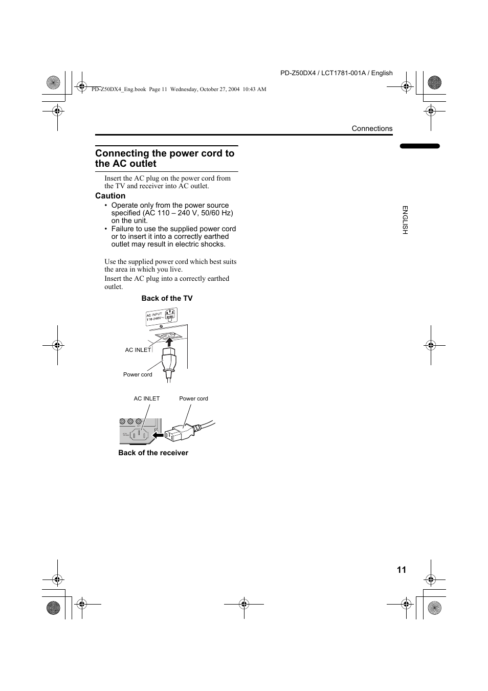 Connecting the power cord to the ac outlet, Connecting the power cord to the ac, Outlet | JVC 1104MKH-CR-VP User Manual | Page 13 / 60