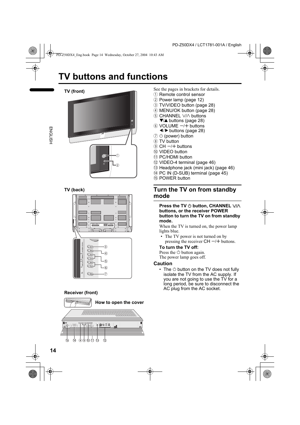 Tv buttons and functions, Turn the tv on from standby mode | JVC 1104MKH-CR-VP User Manual | Page 16 / 60