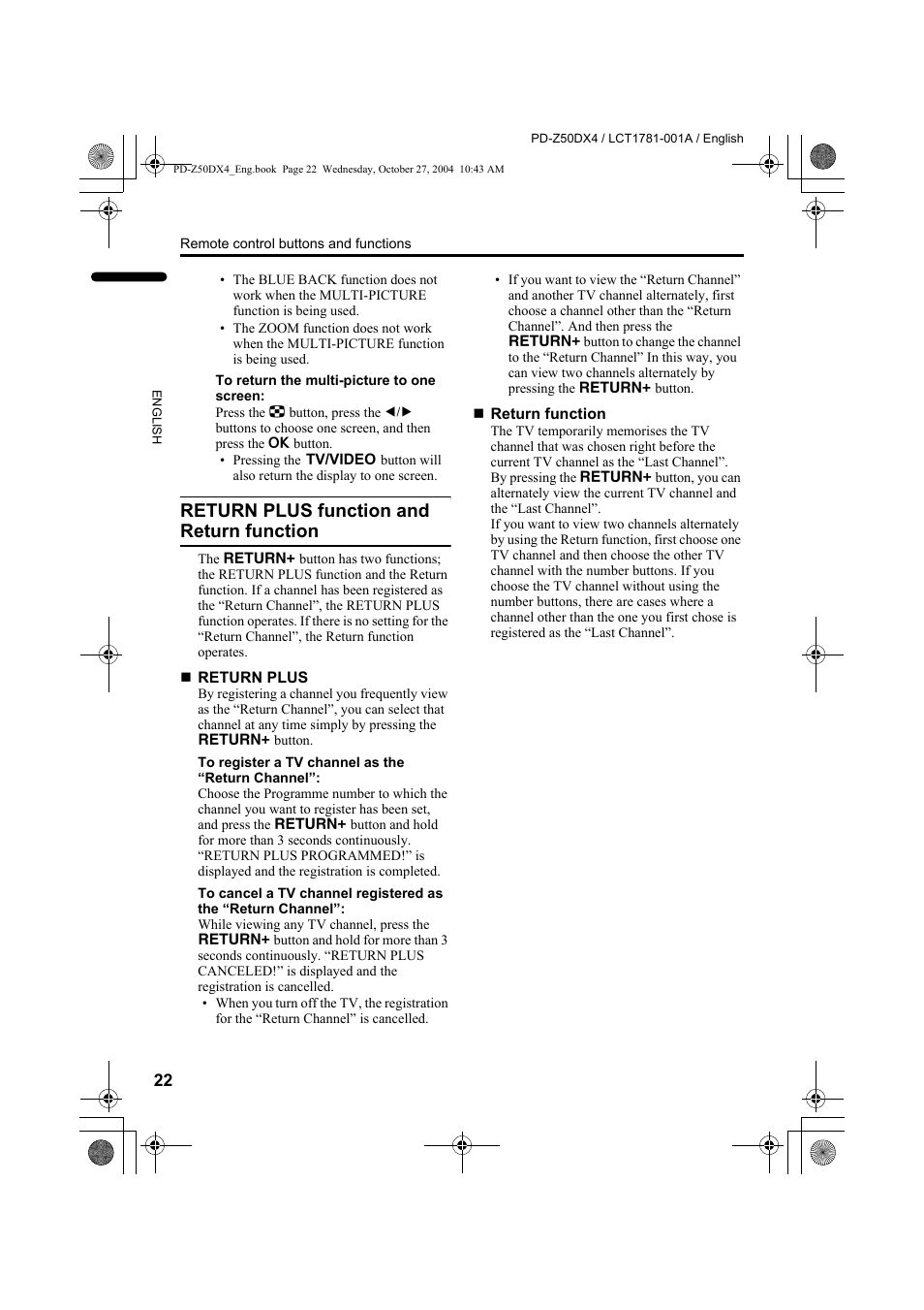 Return plus function and return function, Return plus function and return, Function | JVC 1104MKH-CR-VP User Manual | Page 24 / 60