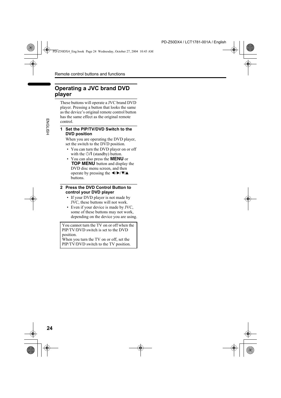 Operating a jvc brand dvd player | JVC 1104MKH-CR-VP User Manual | Page 26 / 60