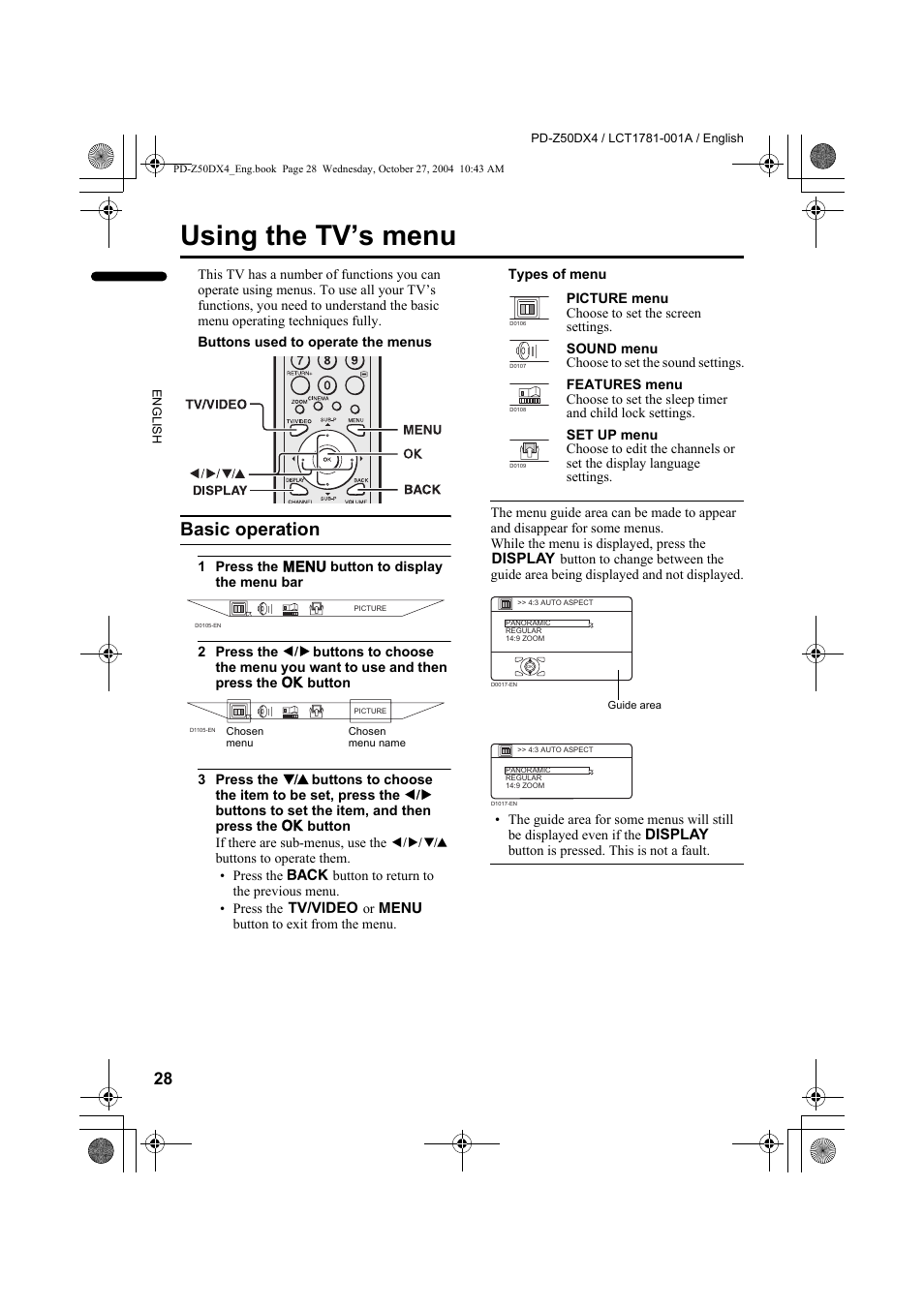 Using the tv’s menu, Basic operation | JVC 1104MKH-CR-VP User Manual | Page 30 / 60