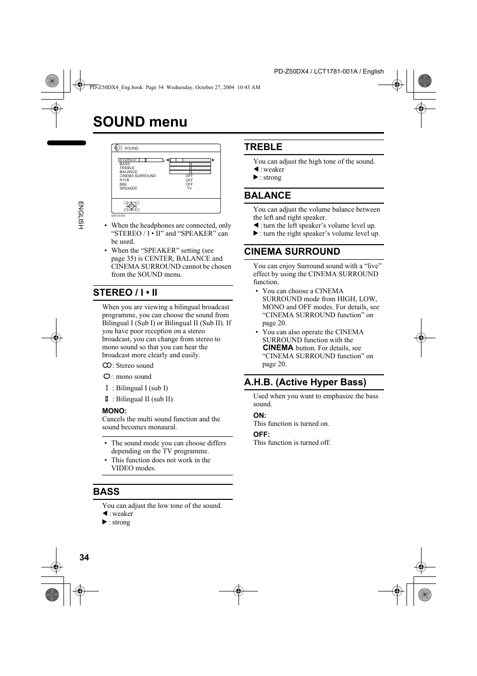 Sound menu, Stereo / i • ii, Bass | Treble, Balance, Cinema surround, A.h.b. (active hyper bass) | JVC 1104MKH-CR-VP User Manual | Page 36 / 60