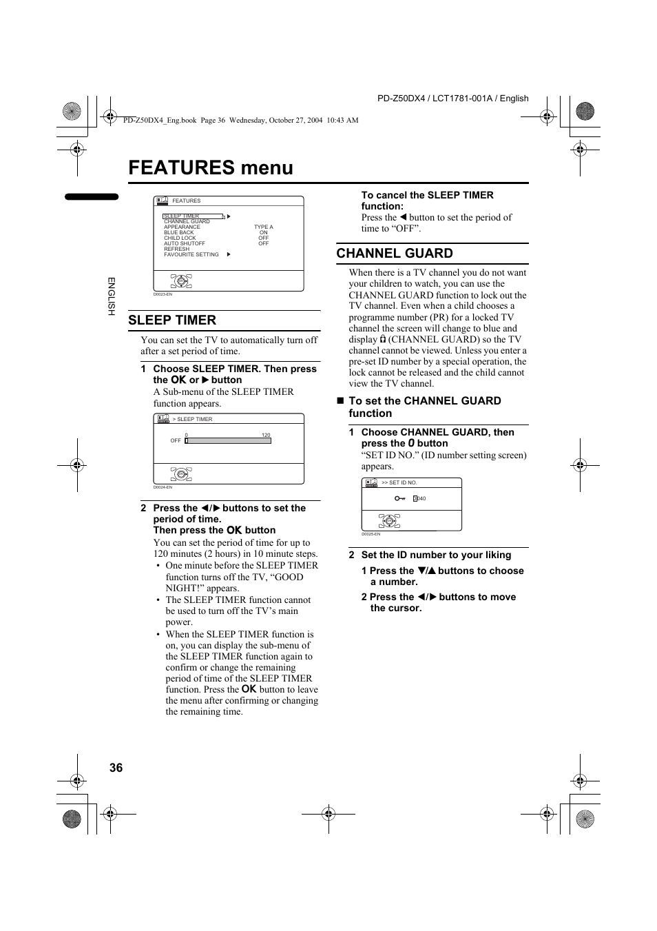 Features menu, Sleep timer, Channel guard | Sleep timer channel guard, See “channel | JVC 1104MKH-CR-VP User Manual | Page 38 / 60