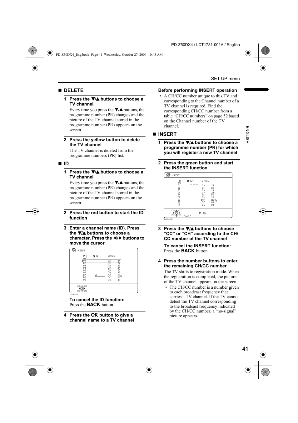 Delete, Insert, Set up menu | JVC 1104MKH-CR-VP User Manual | Page 43 / 60