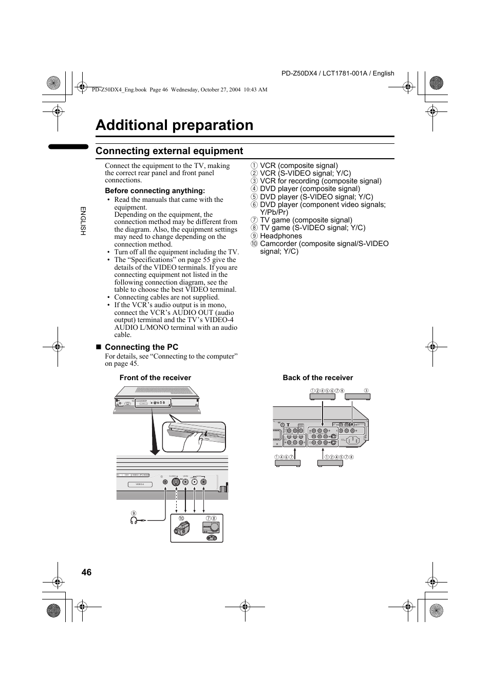Additional preparation, Connecting external equipment, Connecting external equipment” on | Connecting the pc | JVC 1104MKH-CR-VP User Manual | Page 48 / 60