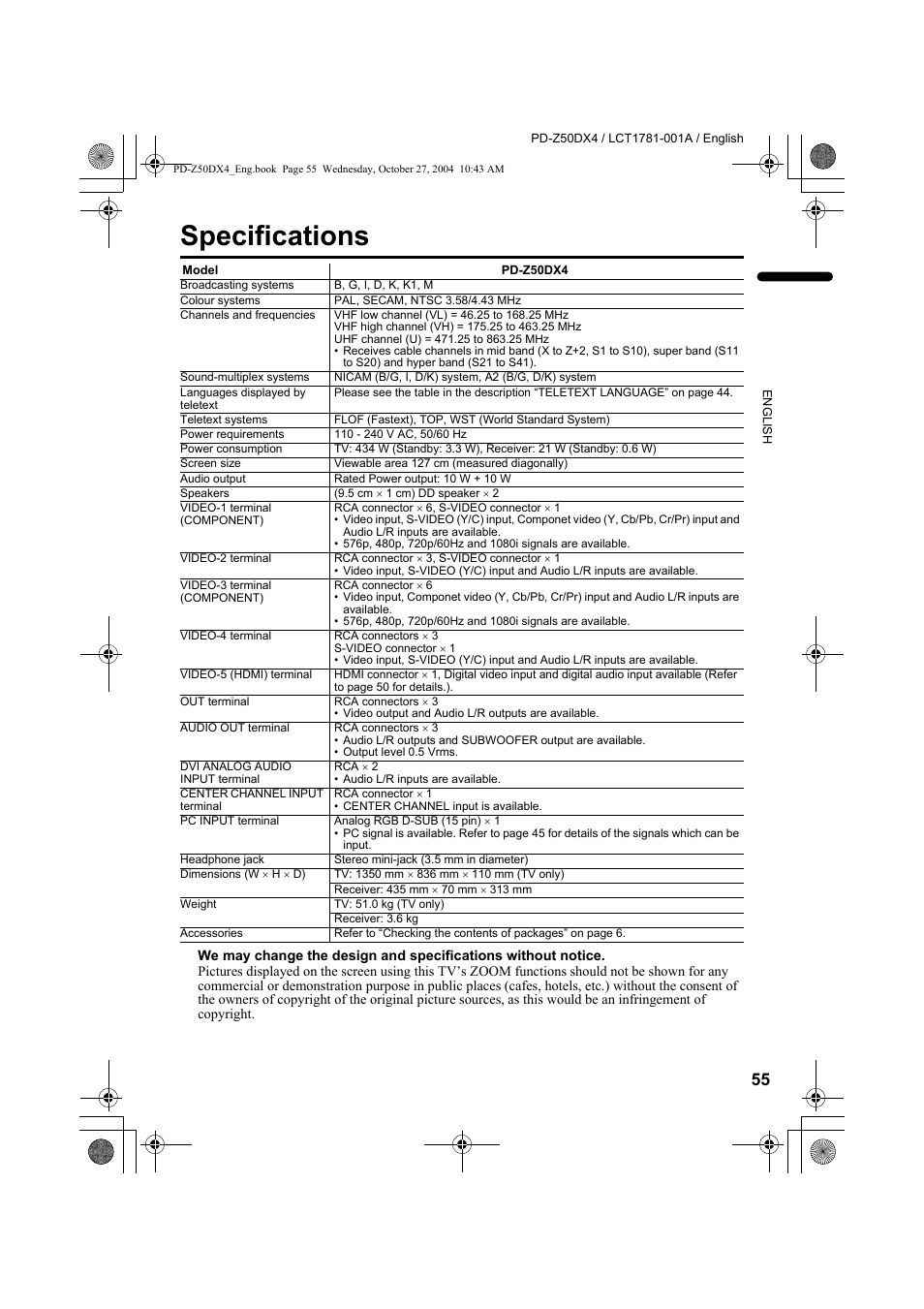 Specifications | JVC 1104MKH-CR-VP User Manual | Page 57 / 60