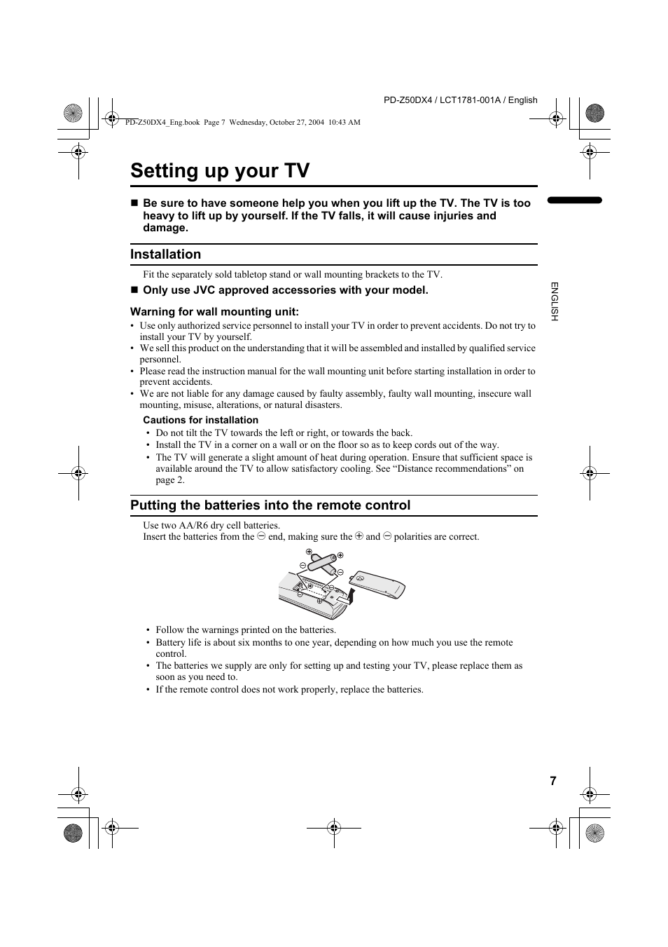 Setting up your tv, Installation, Putting the batteries into the remote control | Installation putting the batteries into the remote, Control | JVC 1104MKH-CR-VP User Manual | Page 9 / 60