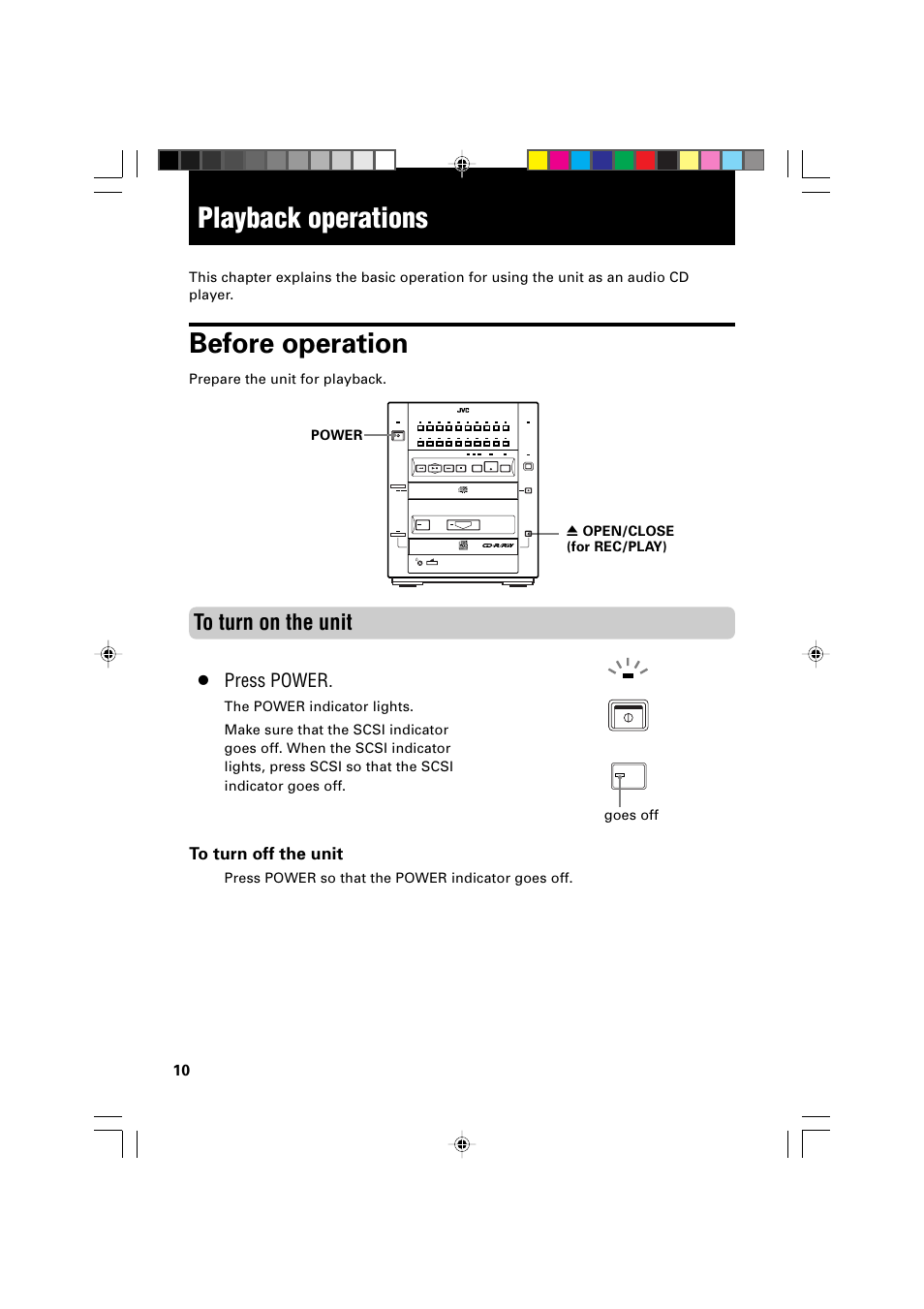 Playback operations, Before operation, Press power | Prepare the unit for playback, Goes off | JVC XR-D400SL User Manual | Page 14 / 36