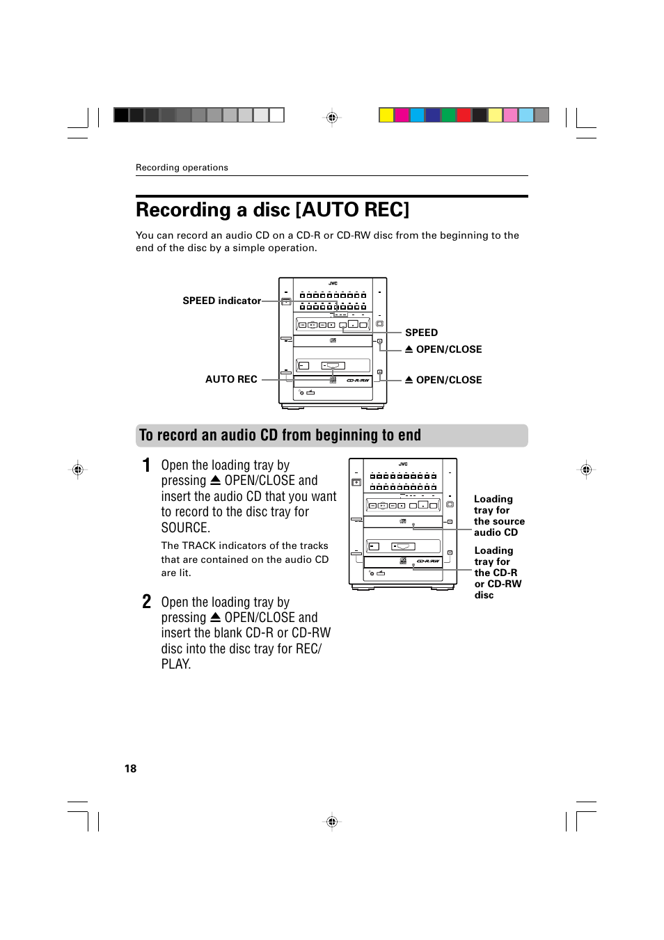 Recording a disc [auto rec, Recording operations | JVC XR-D400SL User Manual | Page 22 / 36