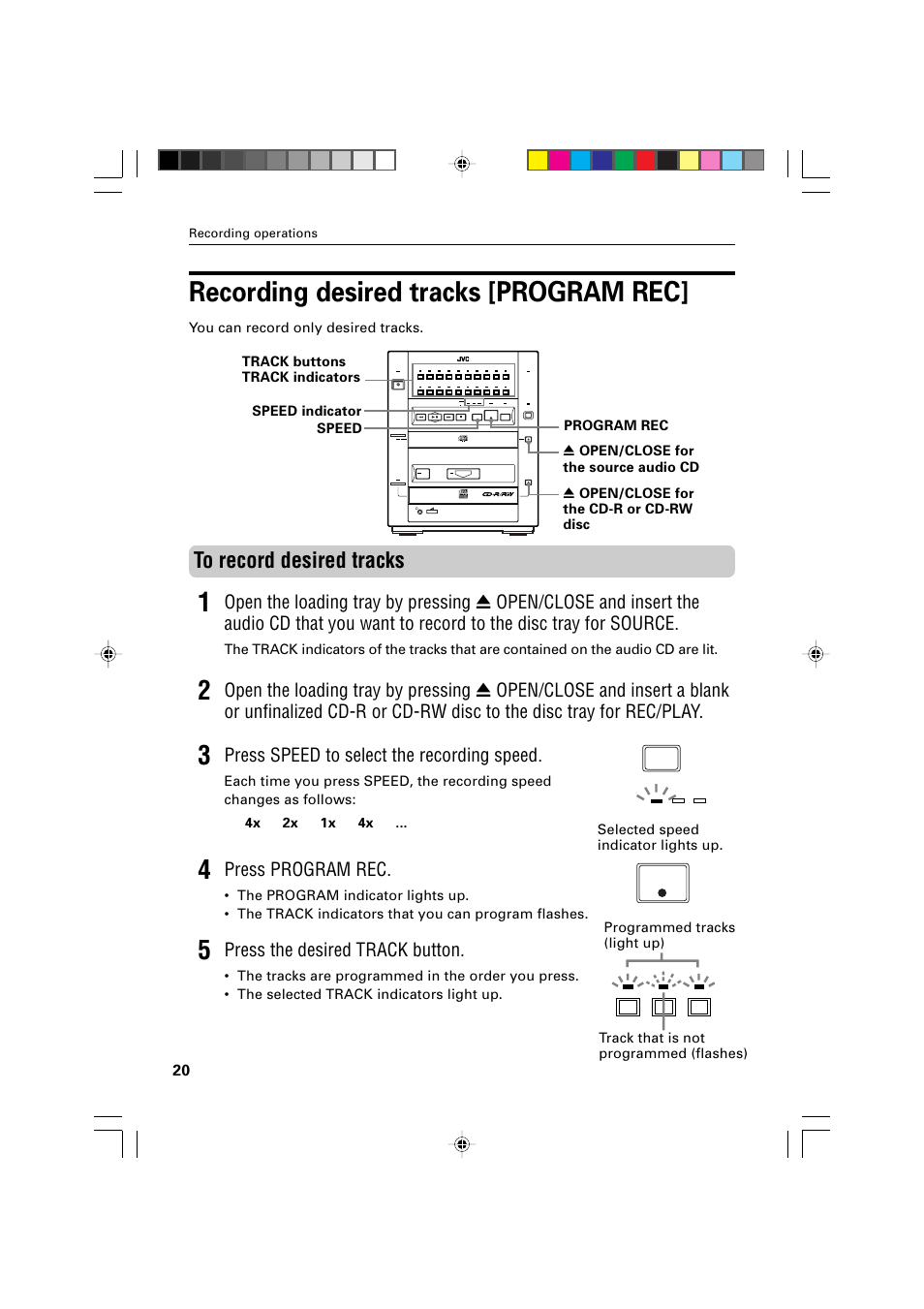 Recording desired tracks [program rec, Press speed to select the recording speed, Press program rec | Press the desired track button, Track buttons track indicators, You can record only desired tracks, Track that is not programmed (flashes) | JVC XR-D400SL User Manual | Page 24 / 36