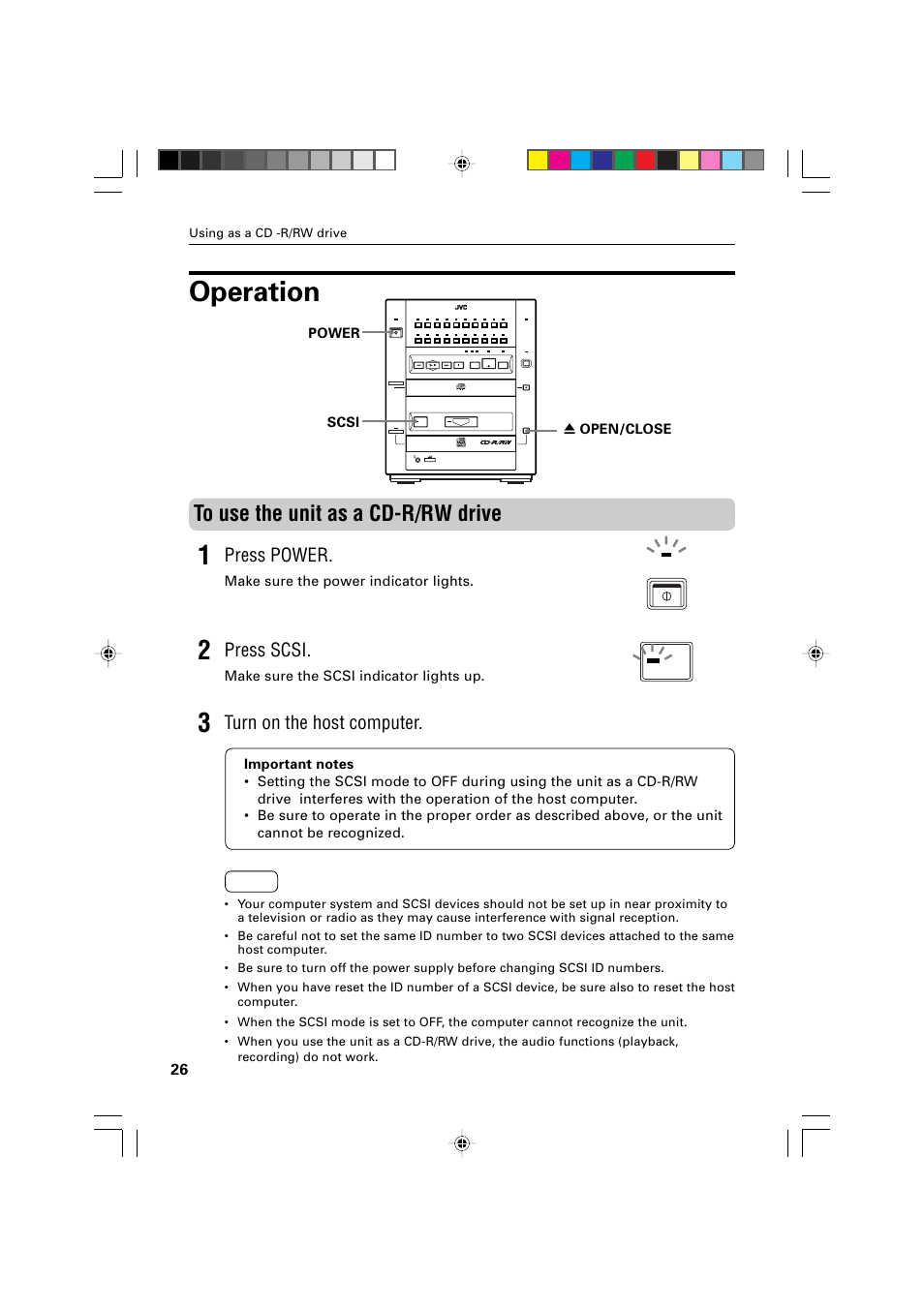 Operation, Press power, Press scsi | Turn on the host computer, Make sure the power indicator lights, Make sure the scsi indicator lights up, Power 0 open/close scsi, Using as a cd -r/rw drive | JVC XR-D400SL User Manual | Page 30 / 36