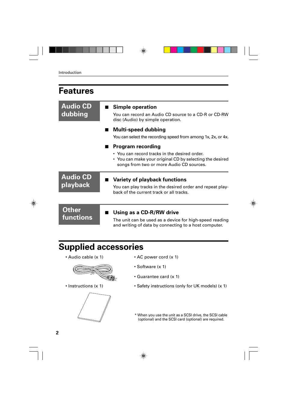 Features, Supplied accessories, Audio cd dubbing audio cd playback other functions | JVC XR-D400SL User Manual | Page 6 / 36