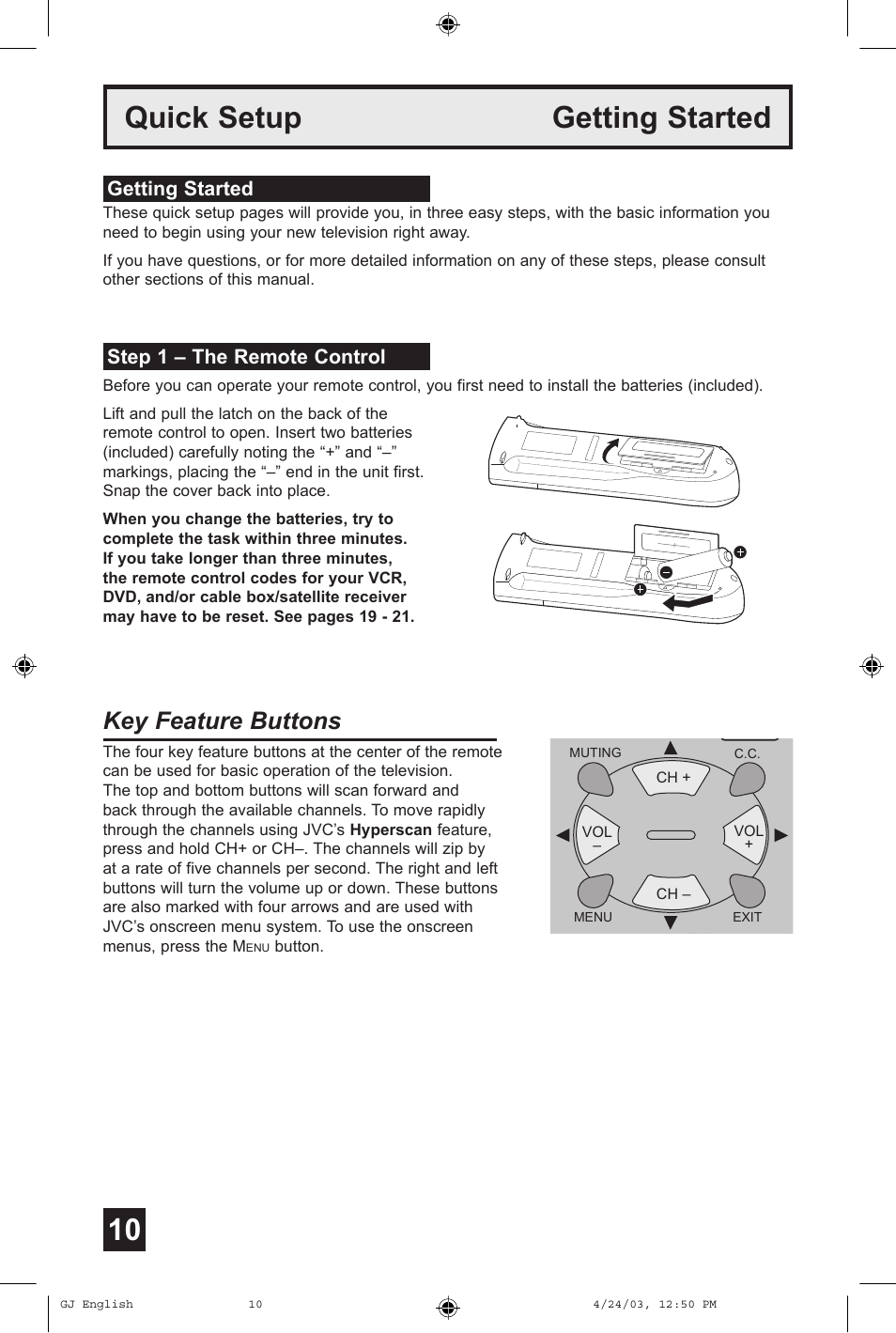 Quick setup getting started, Key feature buttons, Getting started step 1 – the remote control | JVC AV 36FA54 User Manual | Page 10 / 56