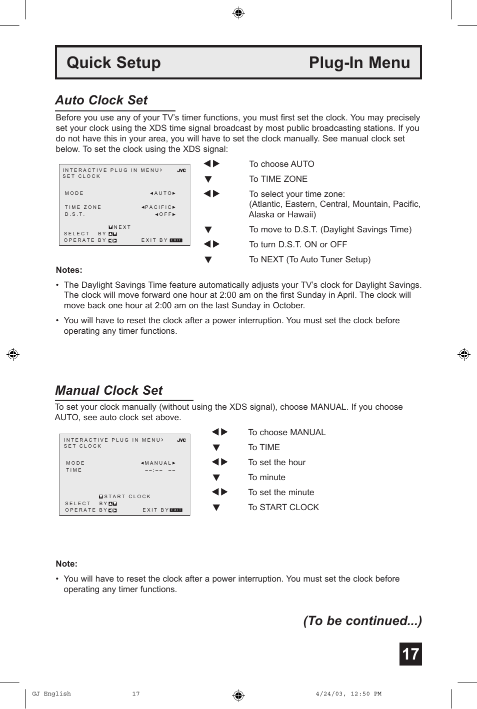 Quick setup plug-in menu, Manual clock set, Auto clock set (to be continued...) | JVC AV 36FA54 User Manual | Page 17 / 56