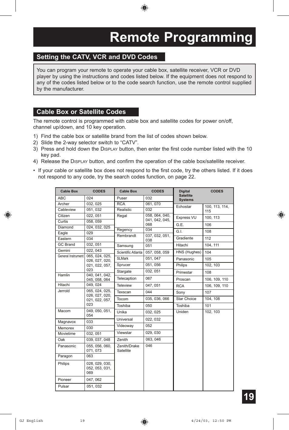 Remote programming | JVC AV 36FA54 User Manual | Page 19 / 56