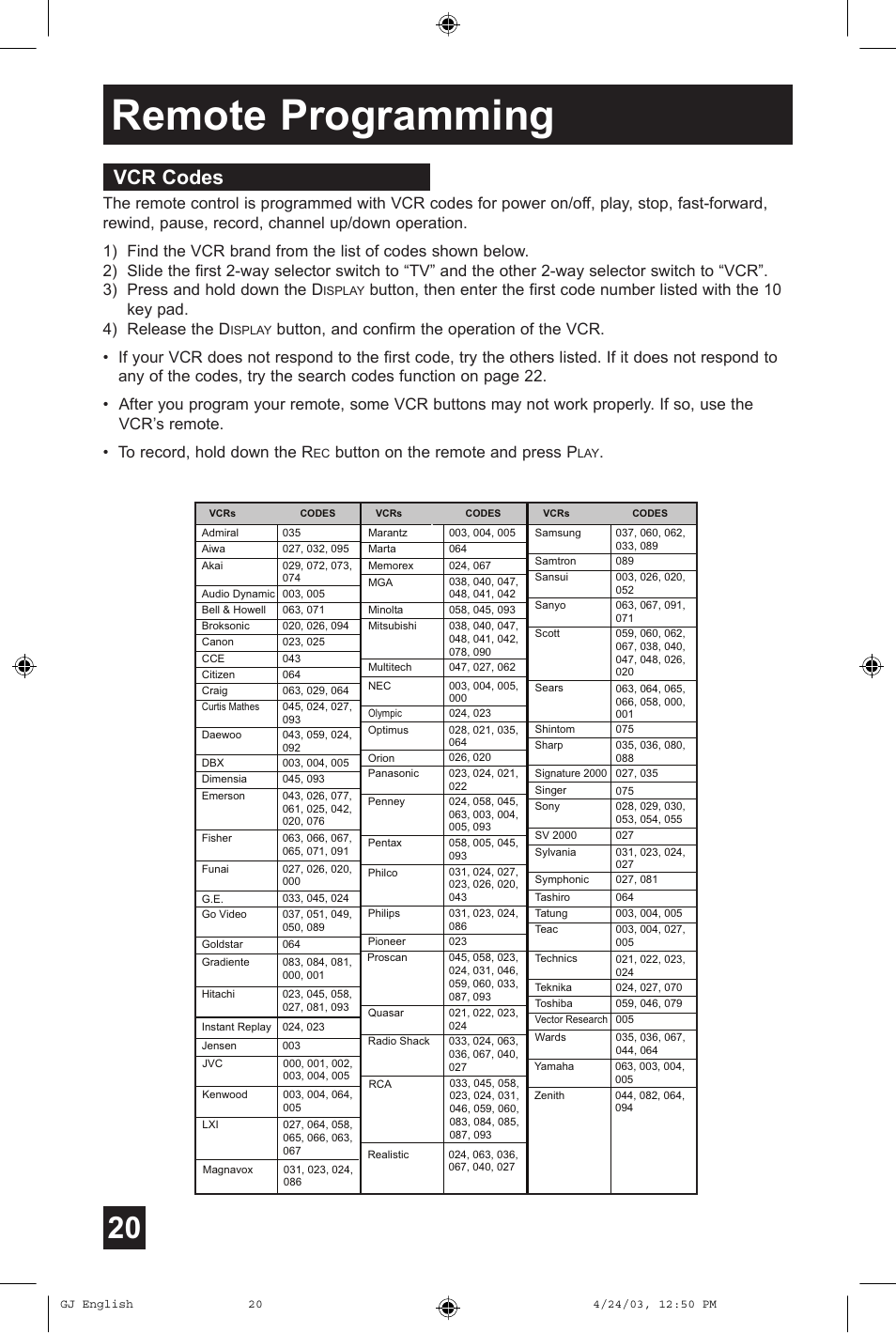Remote programming, Vcr codes, Button on the remote and press p | JVC AV 36FA54 User Manual | Page 20 / 56