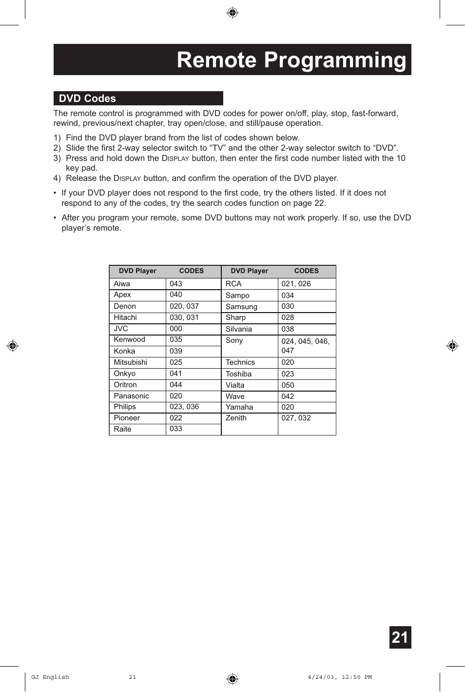 Remote programming, Dvd codes | JVC AV 36FA54 User Manual | Page 21 / 56