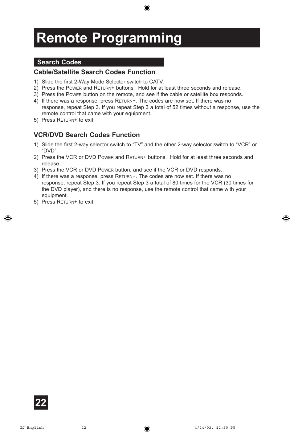 Remote programming, Cable/satellite search codes function, Vcr/dvd search codes function | Search codes | JVC AV 36FA54 User Manual | Page 22 / 56