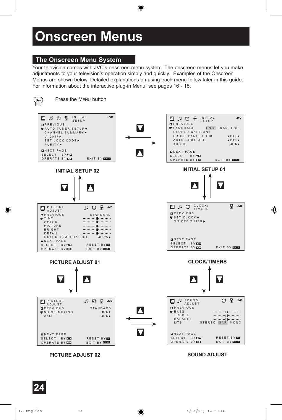Onscreen menus, The onscreen menu system, Press the m | Button | JVC AV 36FA54 User Manual | Page 24 / 56