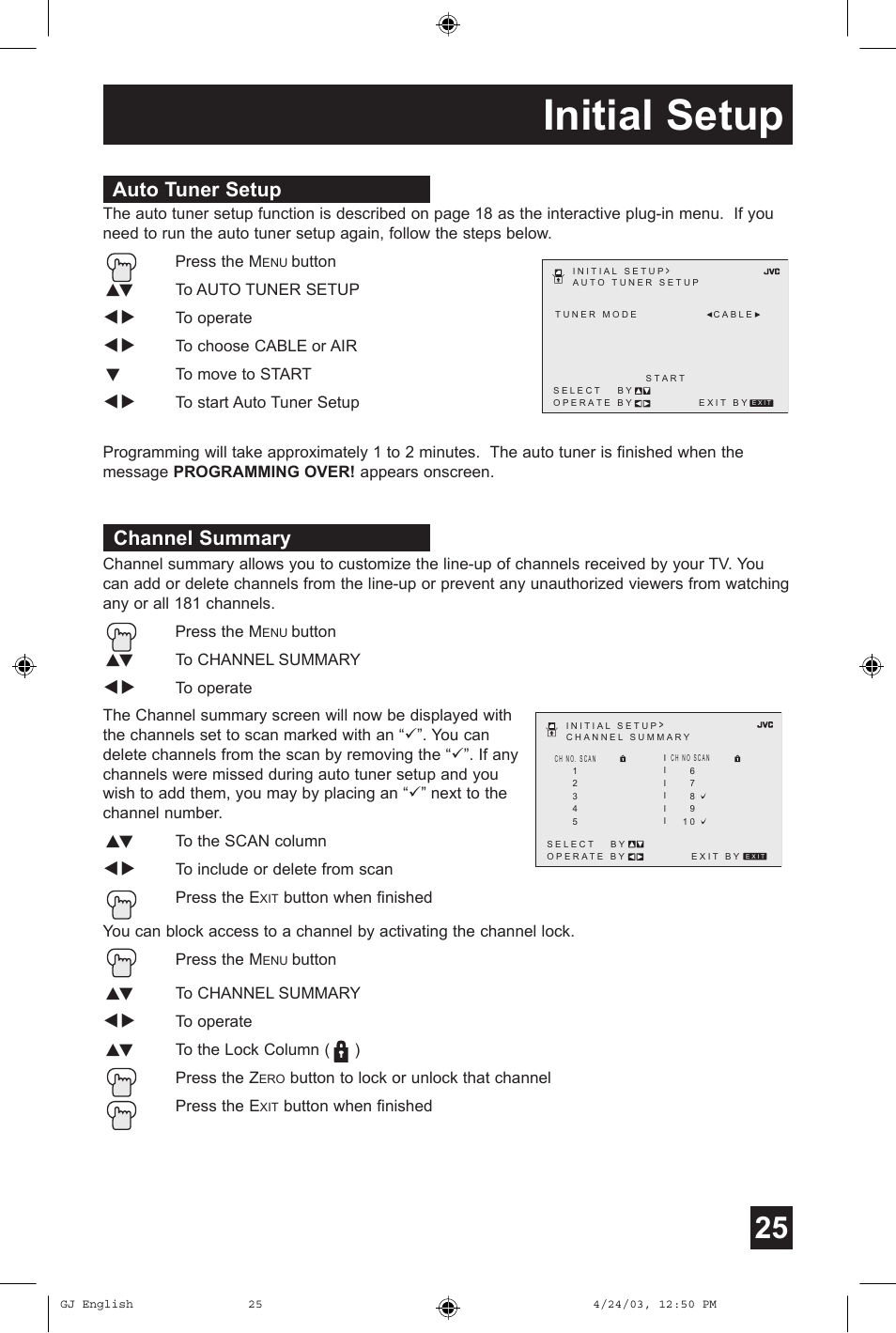 Initial setup, Auto tuner setup, Channel summary | JVC AV 36FA54 User Manual | Page 25 / 56