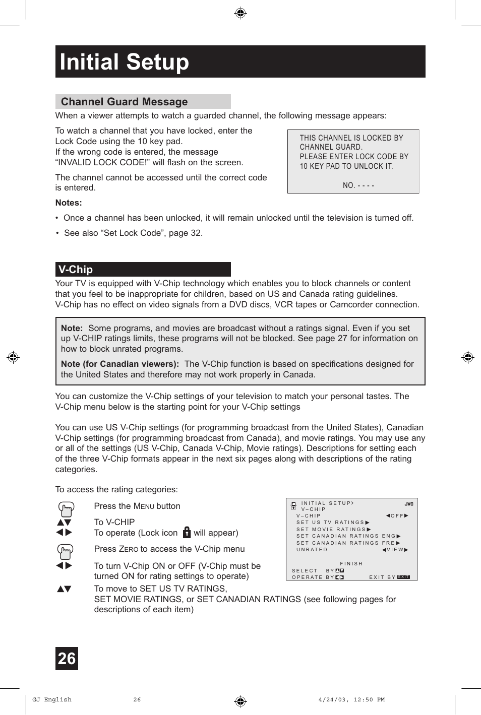 Initial setup, Channel guard message, V-chip | JVC AV 36FA54 User Manual | Page 26 / 56