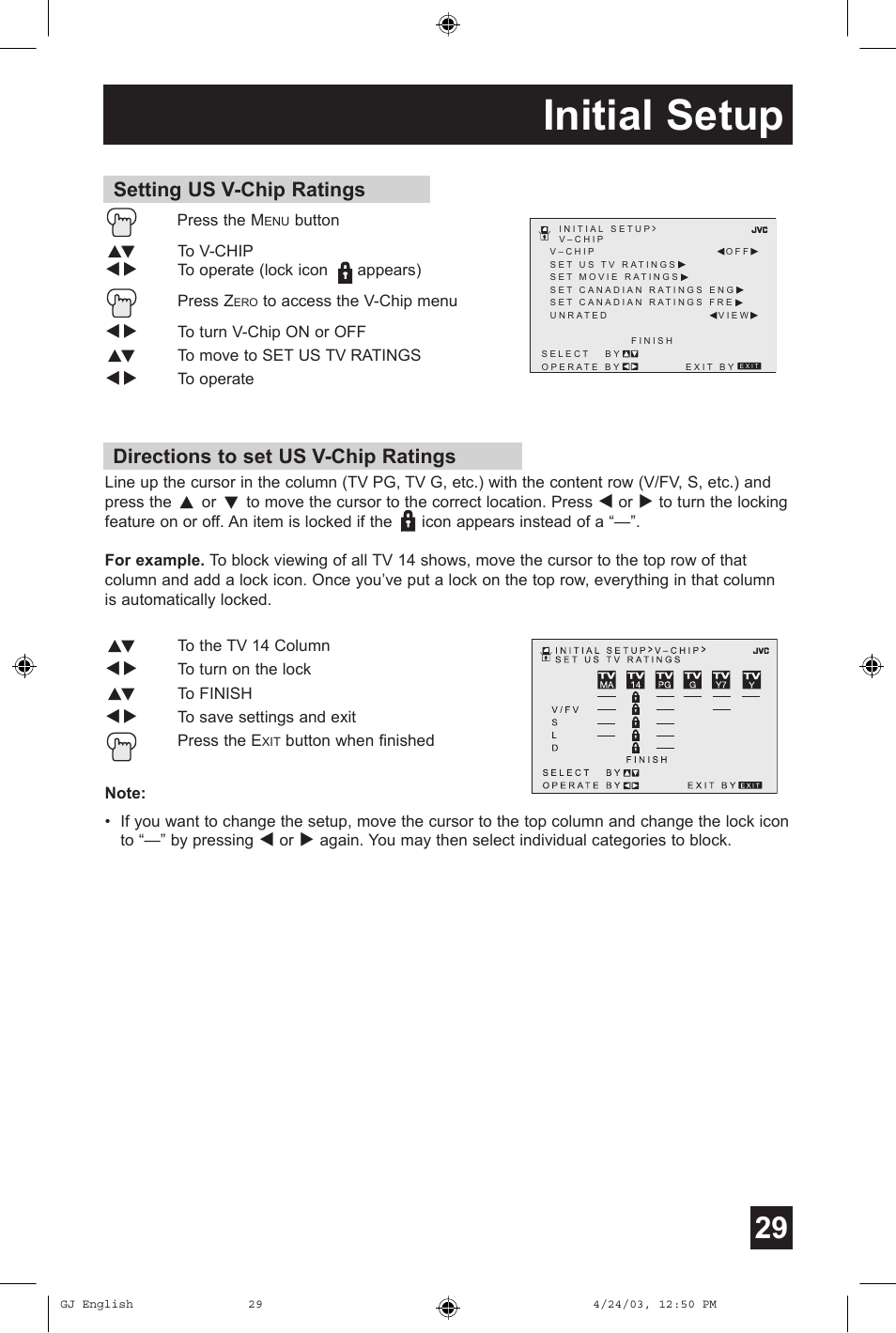 Initial setup, Directions to set us v-chip ratings, Setting us v-chip ratings | JVC AV 36FA54 User Manual | Page 29 / 56