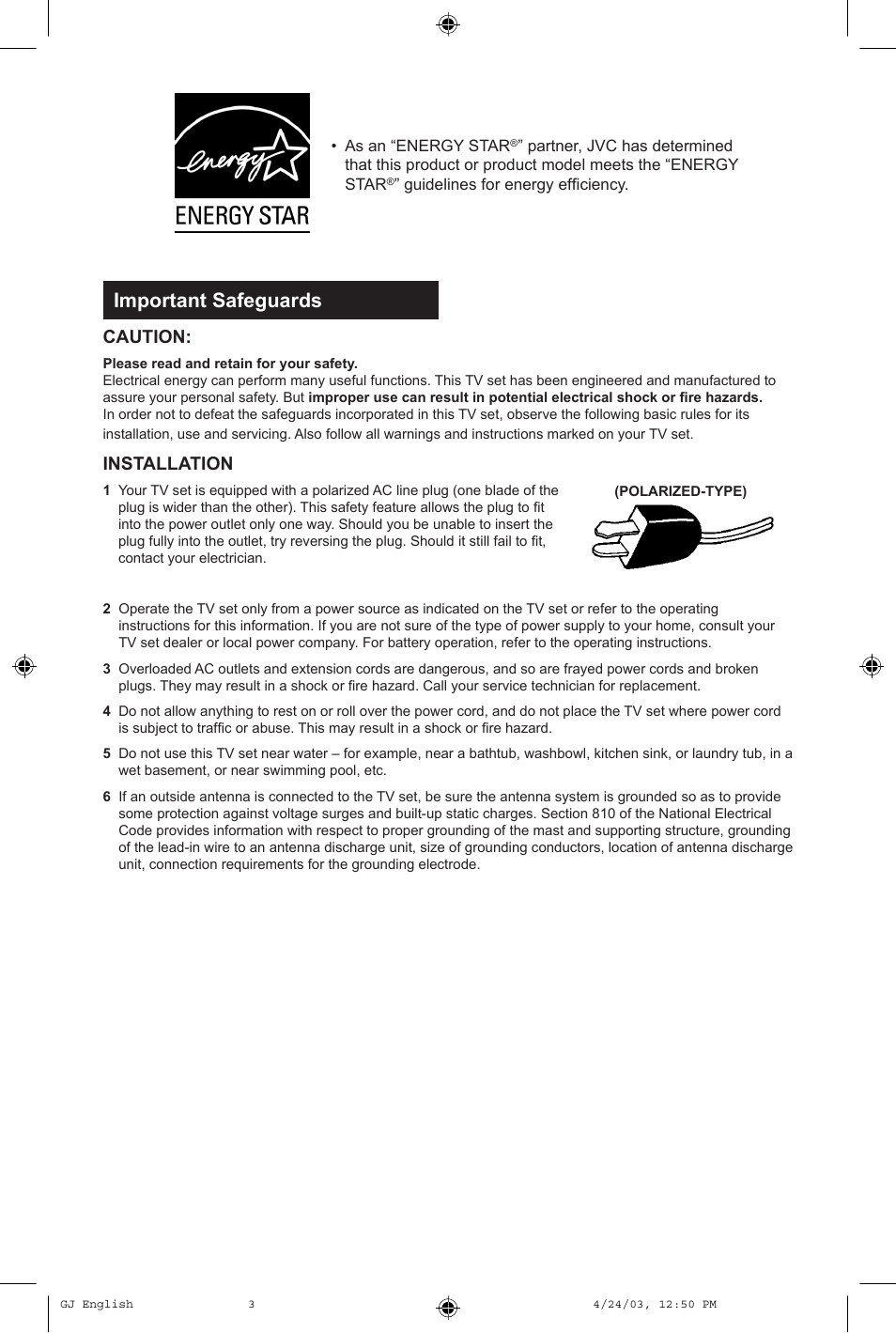 Important safeguards, Caution, Installation | JVC AV 36FA54 User Manual | Page 3 / 56