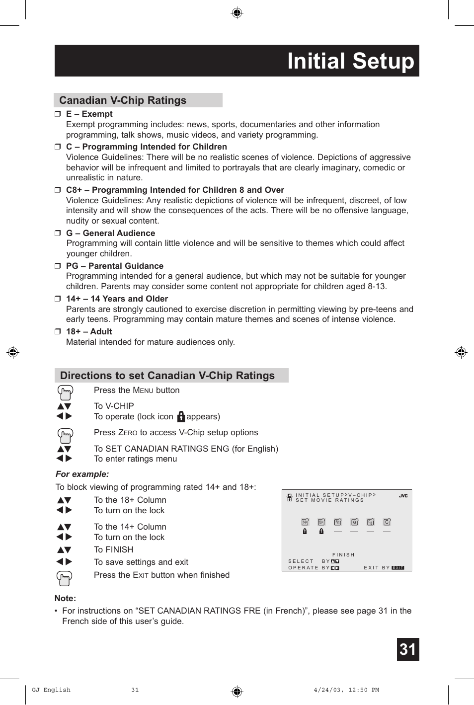 Initial setup, Directions to set canadian v-chip ratings, Canadian v-chip ratings | JVC AV 36FA54 User Manual | Page 31 / 56