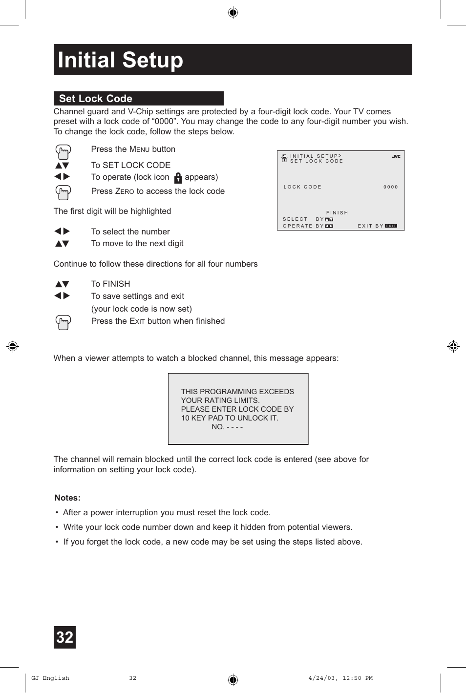 Initial setup, Set lock code | JVC AV 36FA54 User Manual | Page 32 / 56
