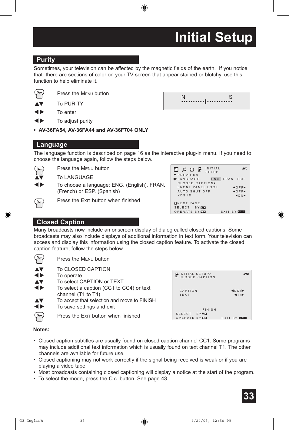 Initial setup, Language, Closed caption | Purity | JVC AV 36FA54 User Manual | Page 33 / 56