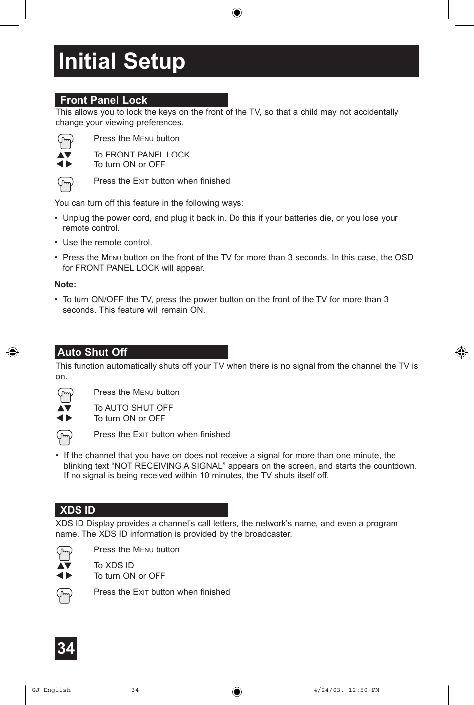 Initial setup, Front panel lock, Auto shut off | Xds id | JVC AV 36FA54 User Manual | Page 34 / 56