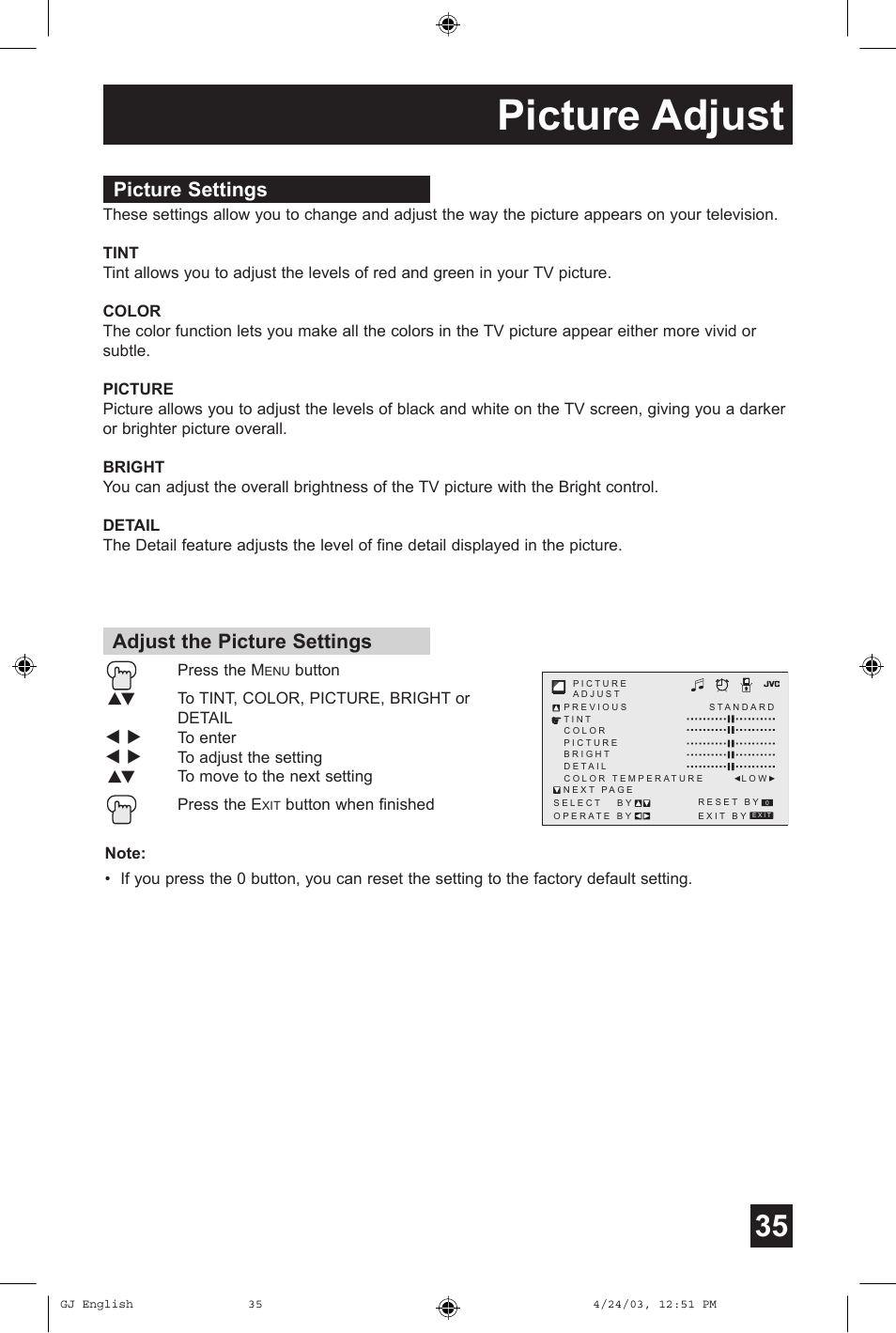 Picture adjust, Picture settings adjust the picture settings | JVC AV 36FA54 User Manual | Page 35 / 56