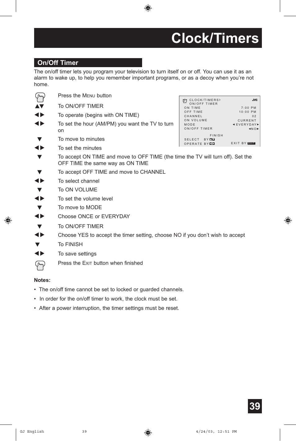Clock/timers, On/off timer | JVC AV 36FA54 User Manual | Page 39 / 56
