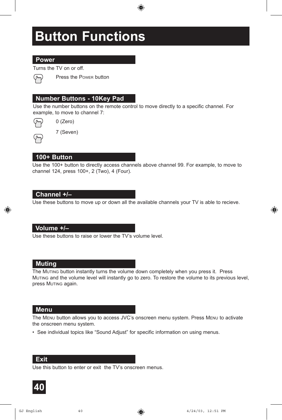 Button functions | JVC AV 36FA54 User Manual | Page 40 / 56