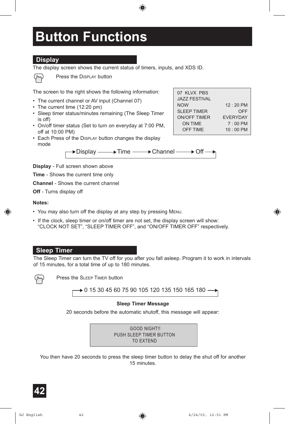 Button functions, Display, Sleep timer | JVC AV 36FA54 User Manual | Page 42 / 56