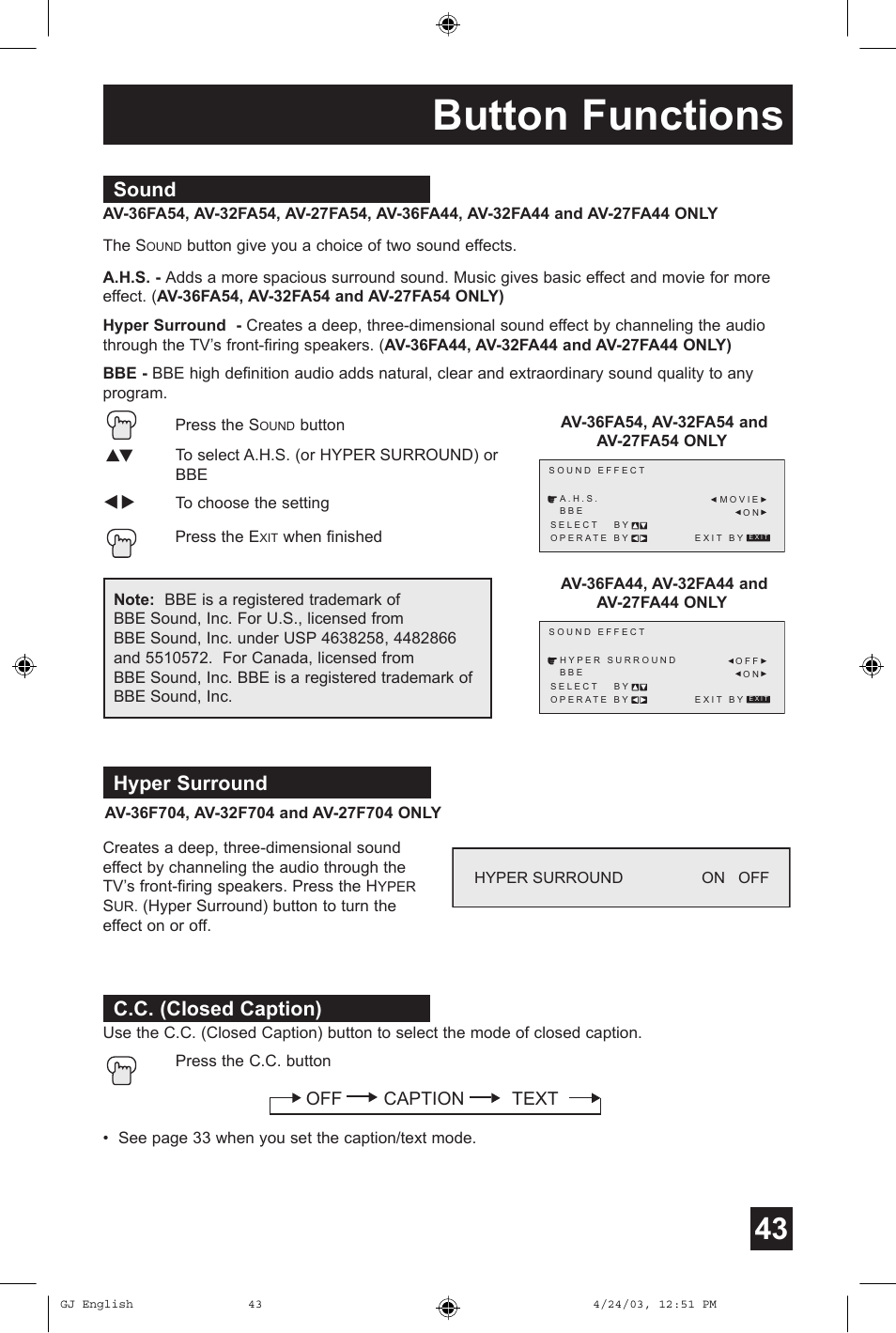 Button functions, Sound, Hyper surround | C.c. (closed caption) | JVC AV 36FA54 User Manual | Page 43 / 56