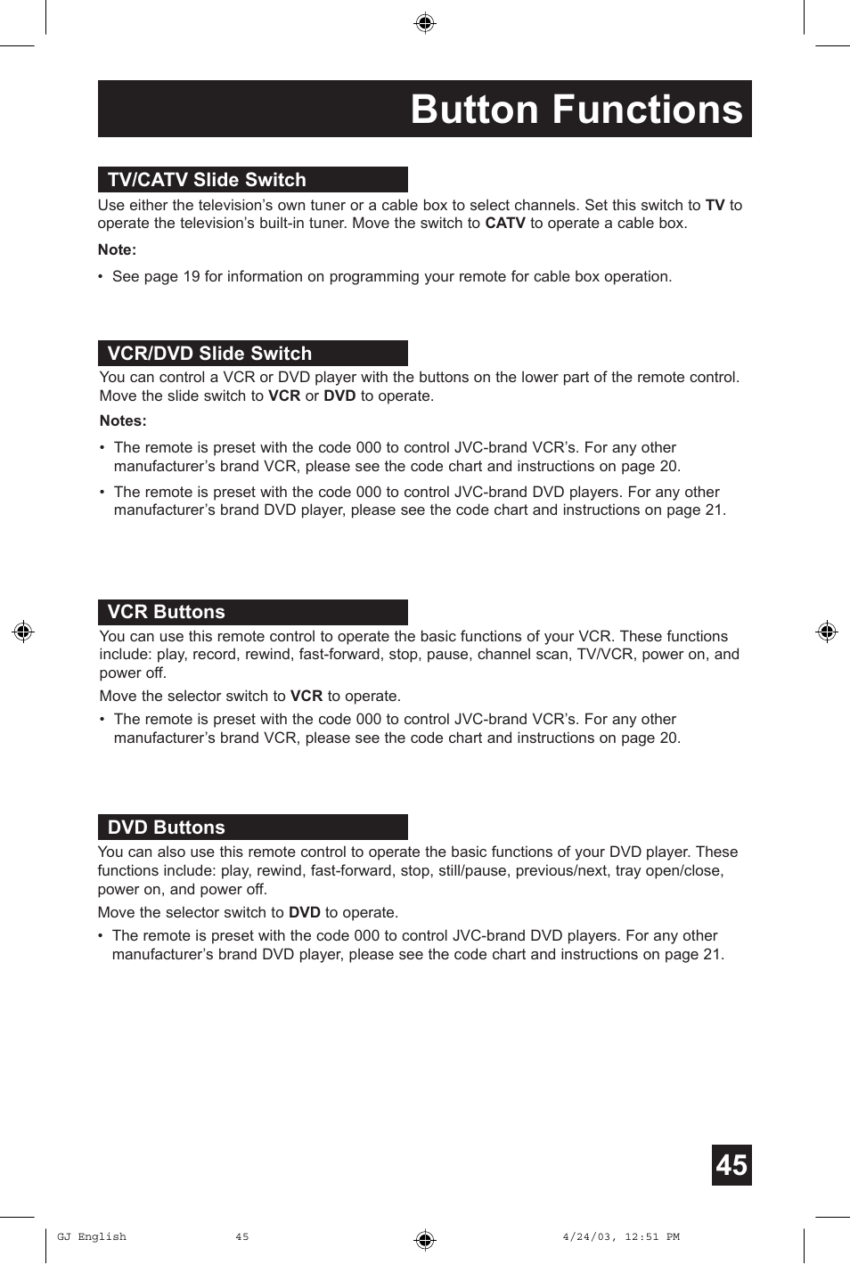 Button functions | JVC AV 36FA54 User Manual | Page 45 / 56