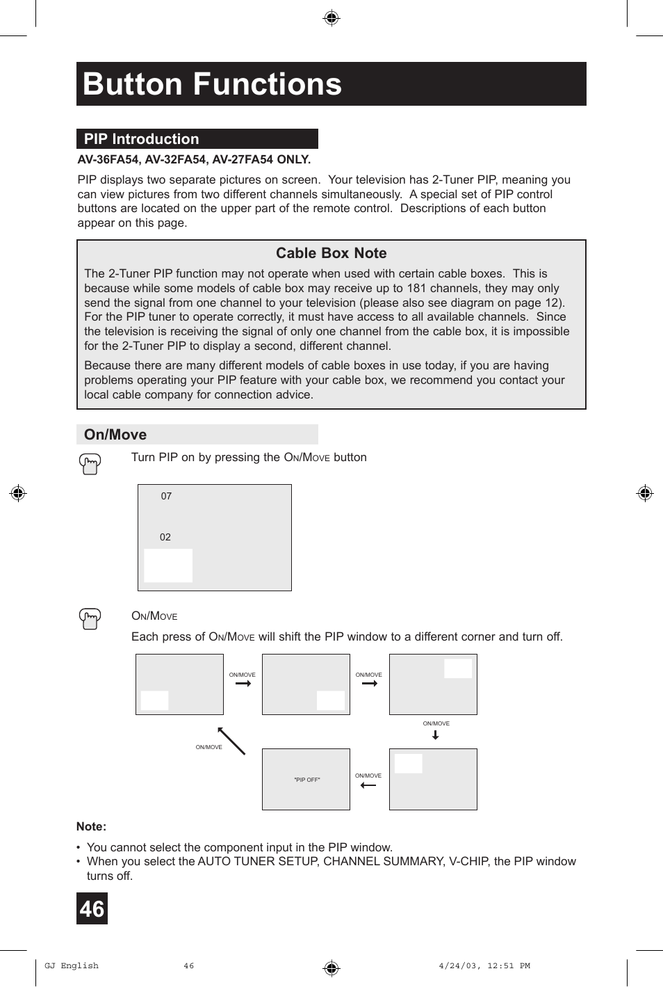 Button functions, Pip introduction on/move | JVC AV 36FA54 User Manual | Page 46 / 56