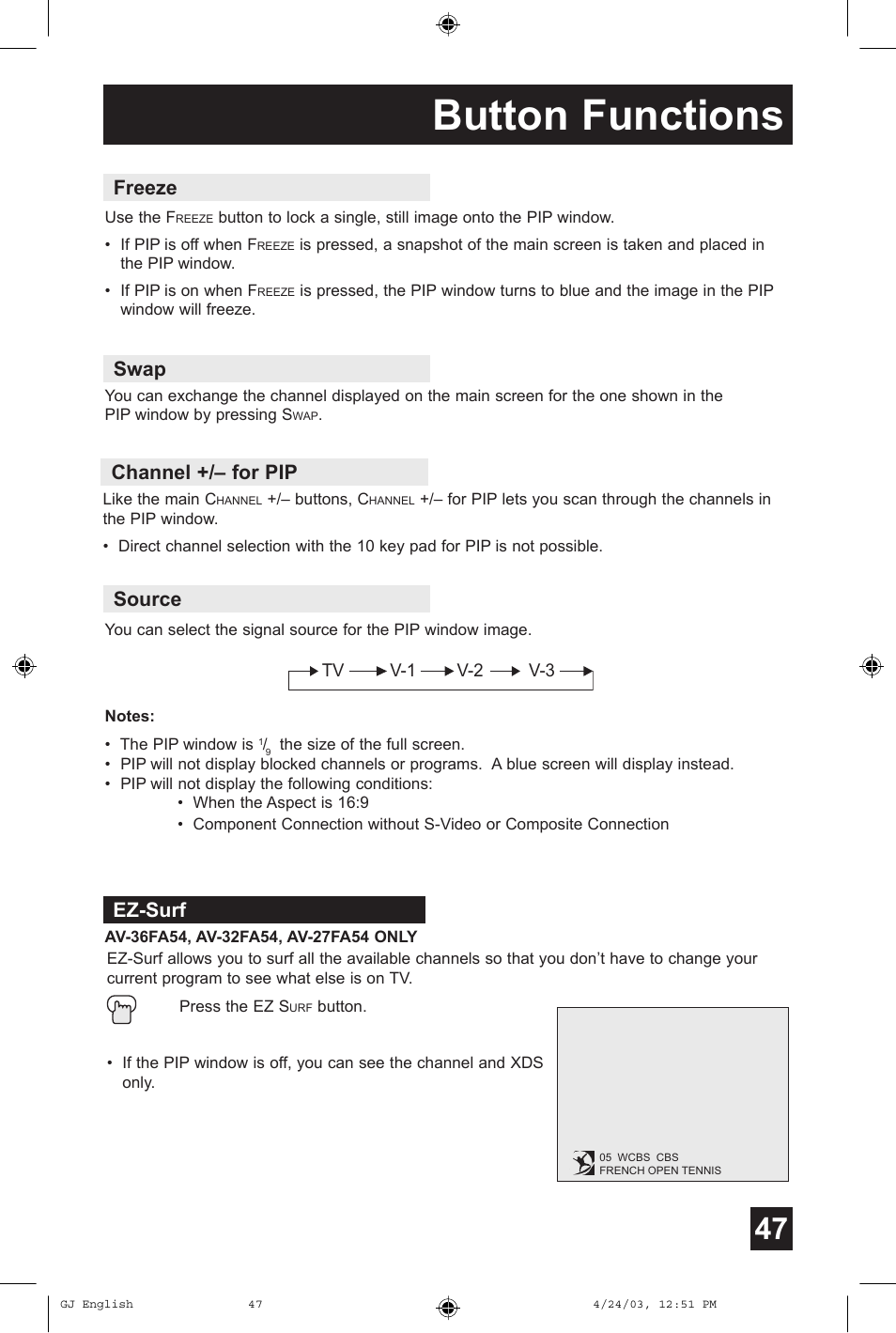 Button functions, Freeze swap channel +/– for pip source, Ez-surf | JVC AV 36FA54 User Manual | Page 47 / 56