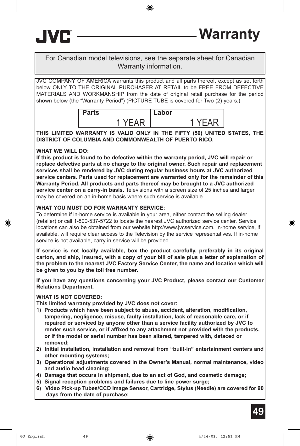 Warranty, 1 year | JVC AV 36FA54 User Manual | Page 49 / 56