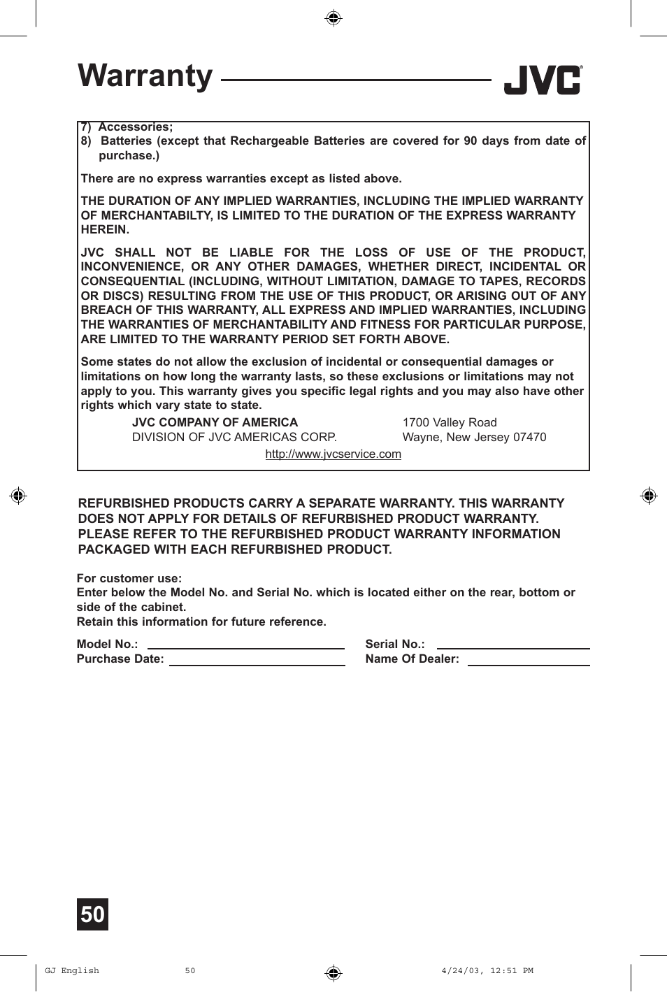 Warranty | JVC AV 36FA54 User Manual | Page 50 / 56