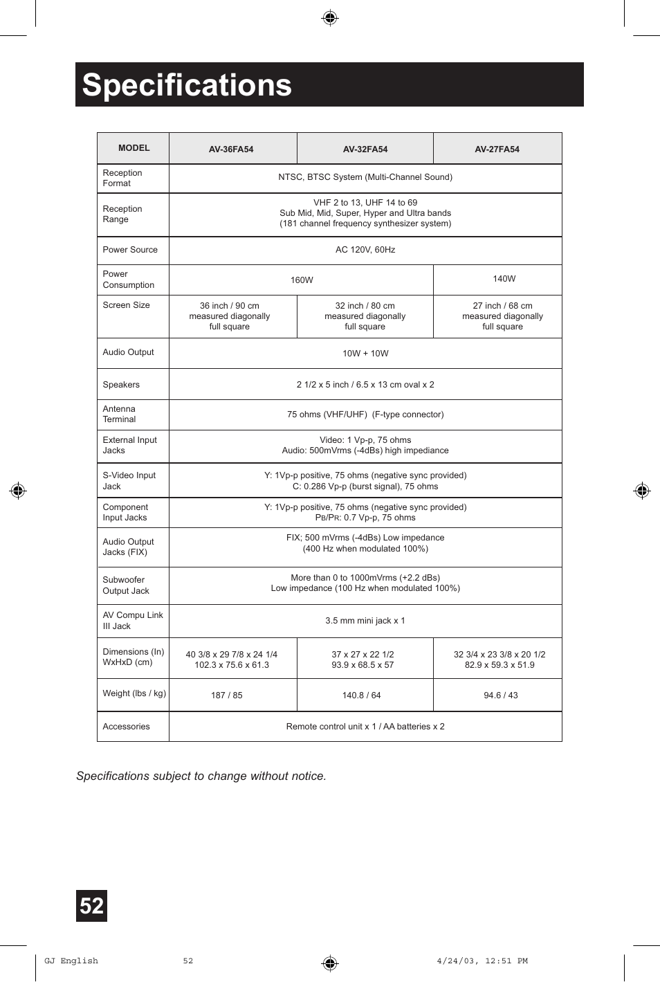 Specifications, Specifications subject to change without notice | JVC AV 36FA54 User Manual | Page 52 / 56