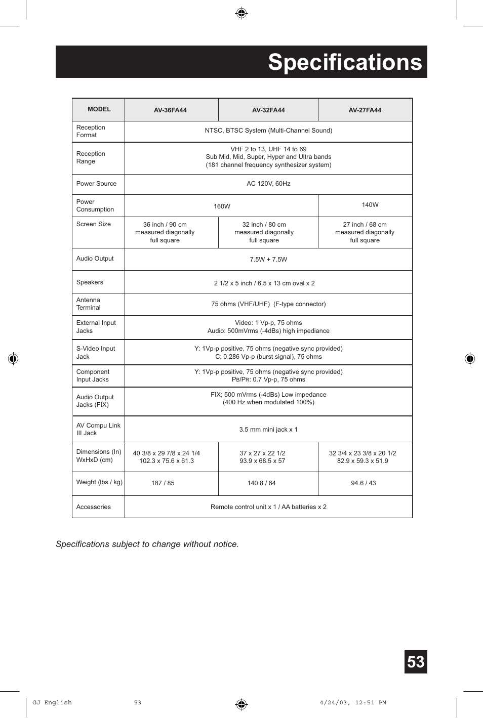 Specifications, Specifications subject to change without notice | JVC AV 36FA54 User Manual | Page 53 / 56