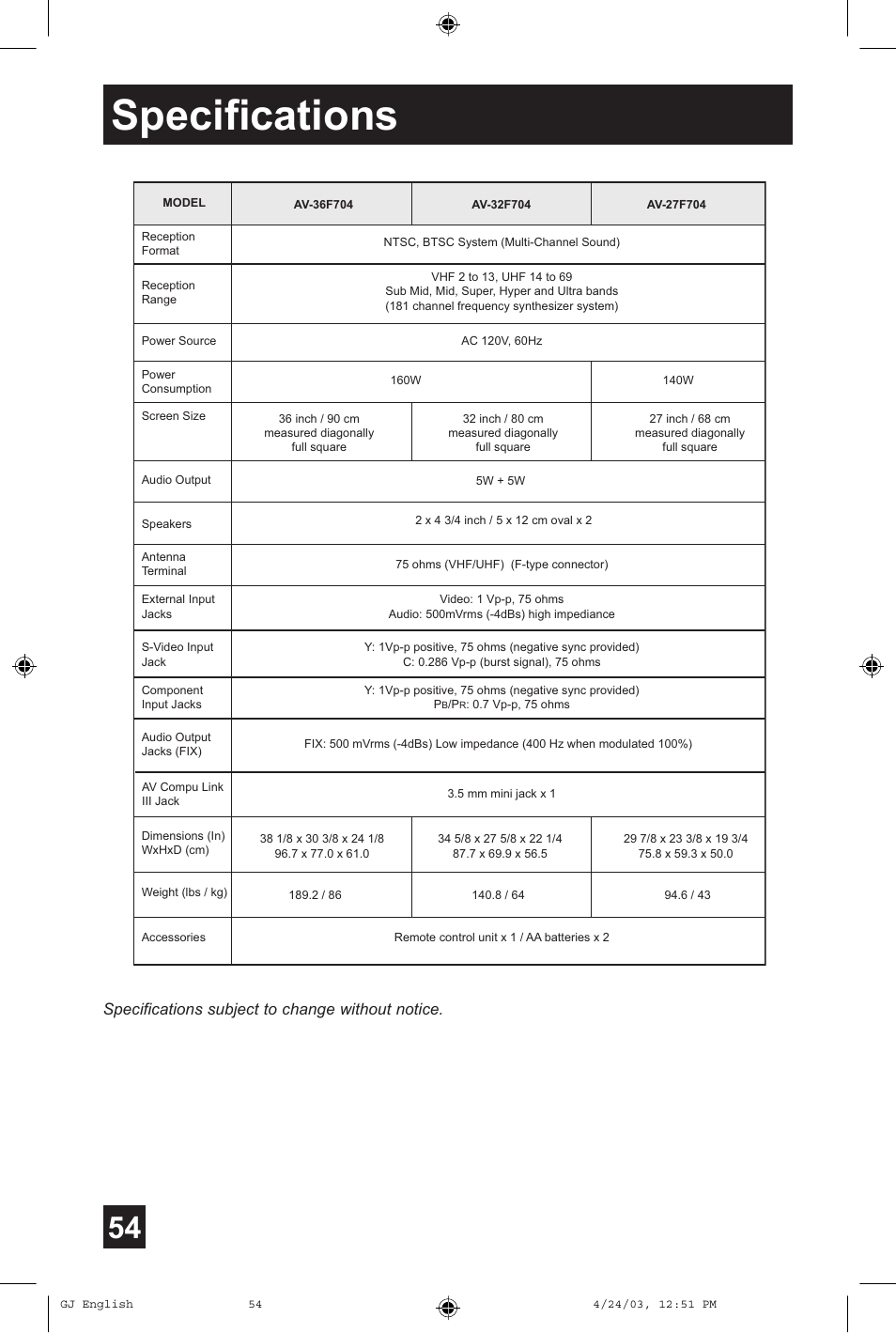 Specifications, Specifications subject to change without notice | JVC AV 36FA54 User Manual | Page 54 / 56