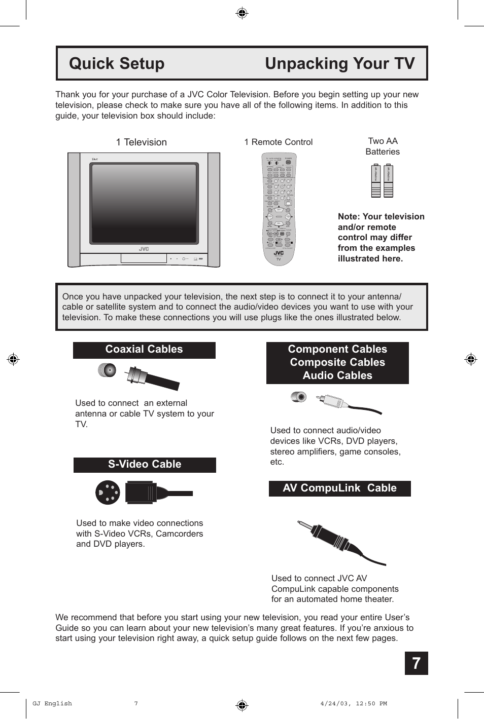Quick setup, Quick setup unpacking your tv, Coaxial cables s-video cable | Component cables composite cables audio cables, Av compulink cable, 1 television, Two aa batteries, 1 remote control | JVC AV 36FA54 User Manual | Page 7 / 56