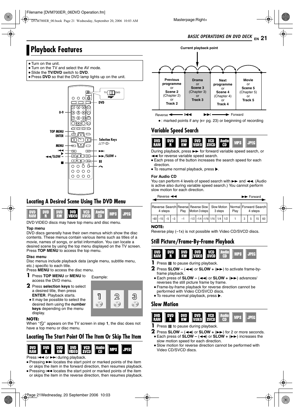 Playback features, Locating a desired scene using the dvd menu, Variable speed search | Still picture/frame-by-frame playback, Slow motion, A pg. 21, A pg. 21, 3, A pg. 21, 34, Alocating a desired scene using the dvd, Menu | JVC SR-DVM700ER User Manual | Page 21 / 84