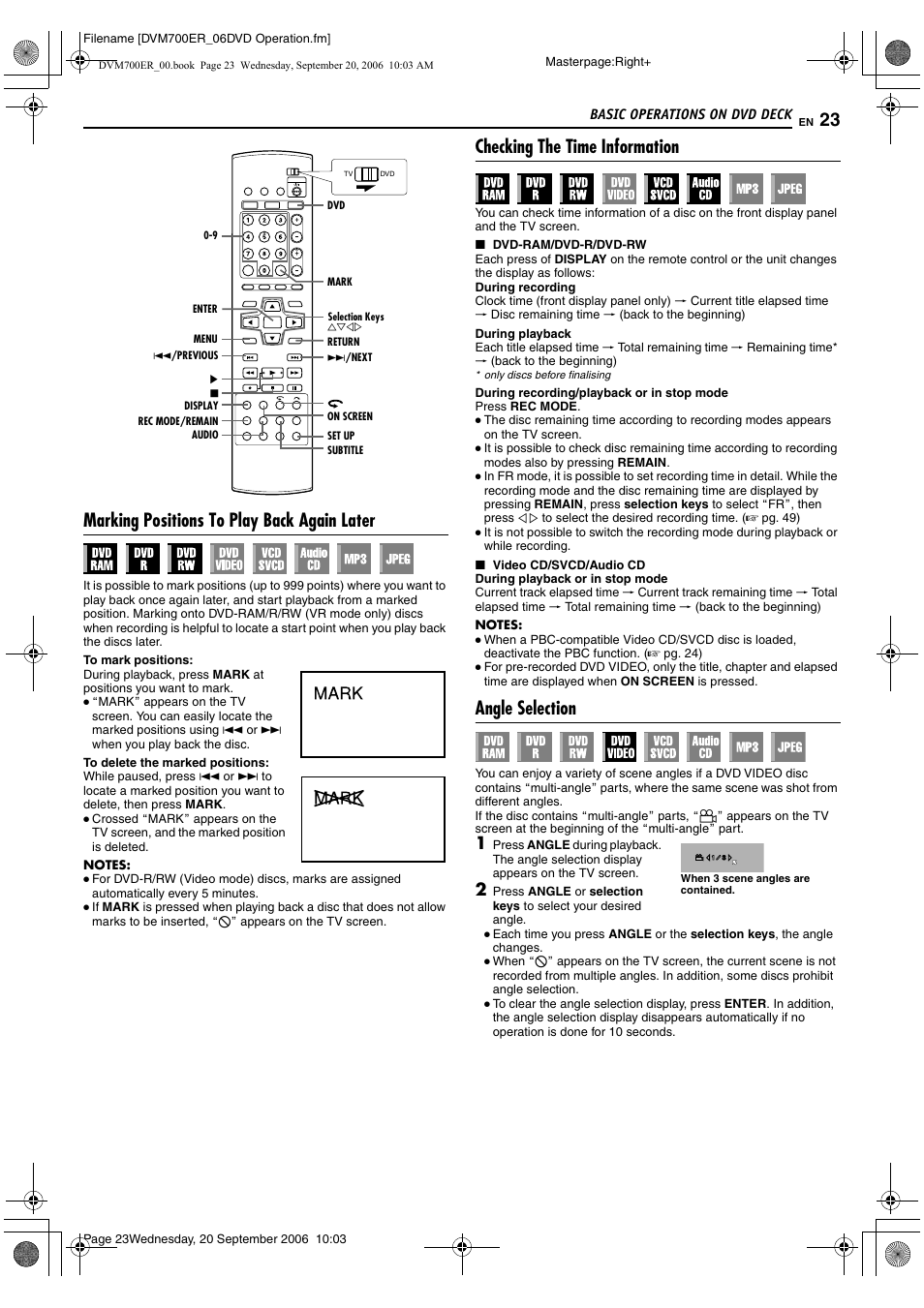 Marking positions to play back again later, Checking the time information, Angle selection | A pg. 23), A pg. 23, A pg. 23, 32 | JVC SR-DVM700ER User Manual | Page 23 / 84