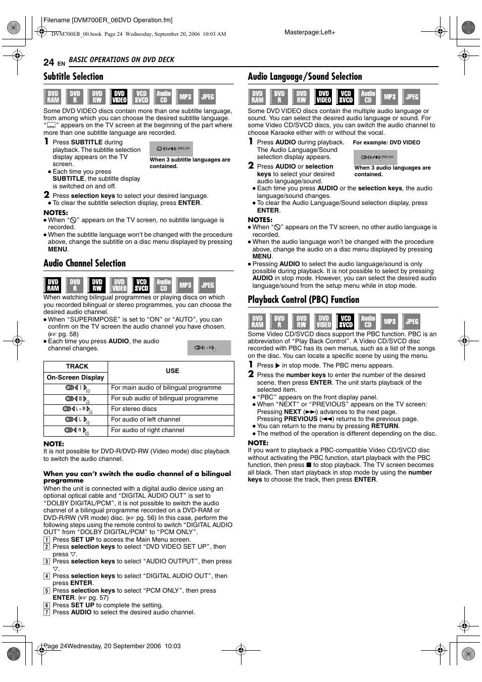 Subtitle selection, Audio channel selection, Audio language/sound selection | Playback control (pbc) function, Le disc, A pg. 24), Vious), A pg. 24, A pg. 24, 26, Aplayback control (pbc) functionb | JVC SR-DVM700ER User Manual | Page 24 / 84