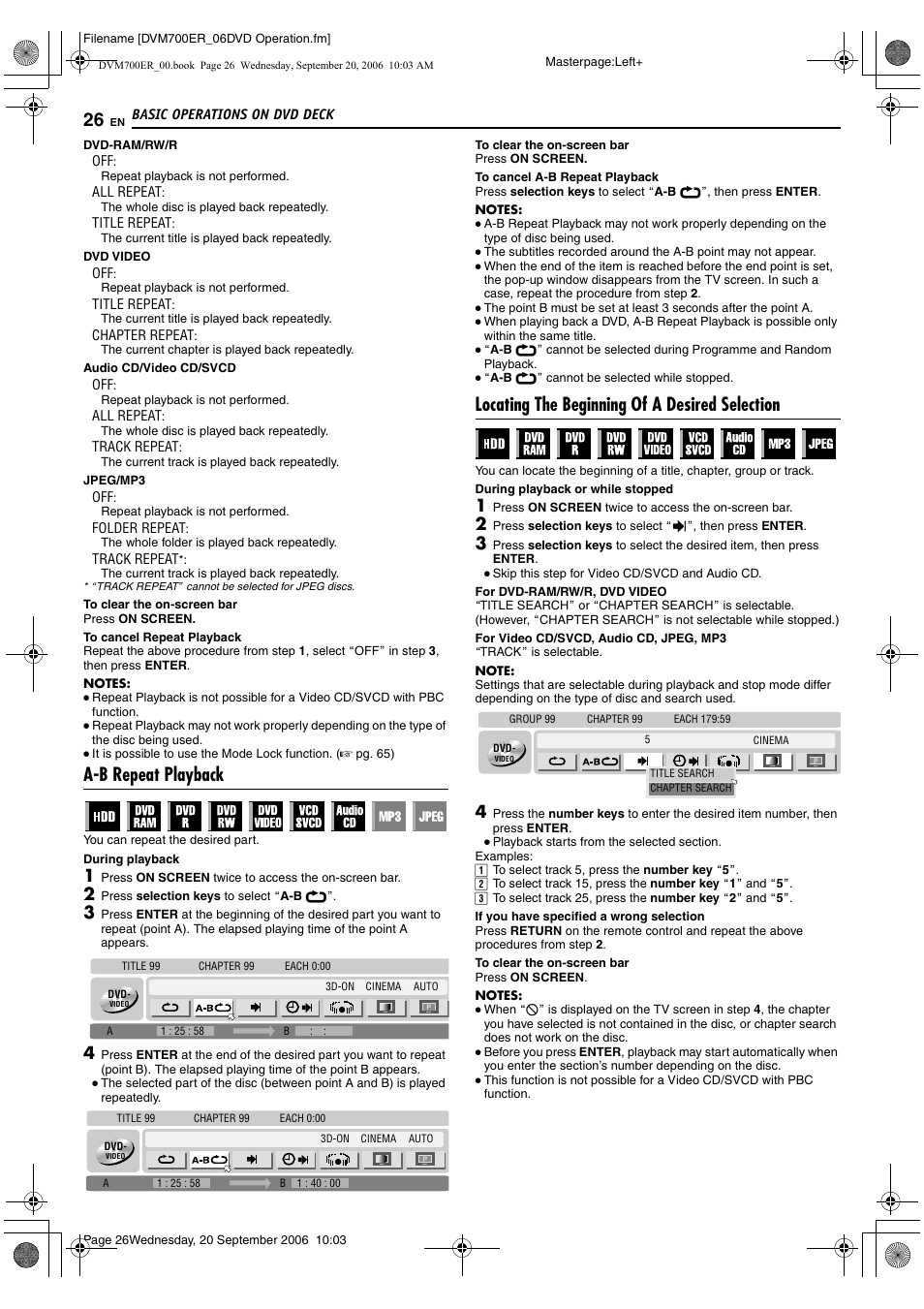 A-b repeat playback, Locating the beginning of a desired selection, A pg. 26) | Or search function | JVC SR-DVM700ER User Manual | Page 26 / 84